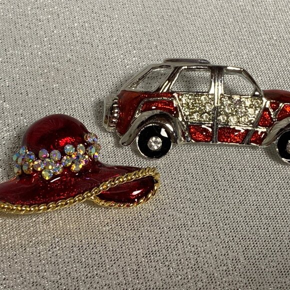 TWO FASHION PINS RED HAT WITH RHINESTONES BY SCARLETT O'HARA RED AND WHITE CAR - Picture 1 of 5
